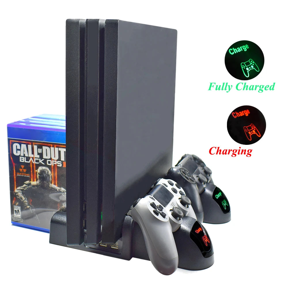 PS4 Stand Cooling Fan Station for Playstation 4/Slim/Pro with Dual Controller EXT Port Charger Dock Station and 10 Game Slots